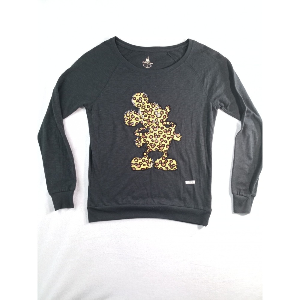 Disney Parks Mickey Mouse Sweatshirt Womens Medium Black Leopard Print Graphic